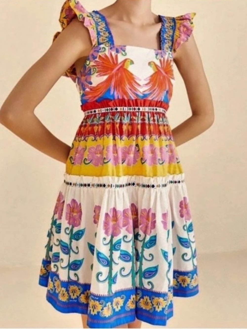 Farm Rio Vivid Garden Dress Size M Off-White Floral Boho
Tropical Flutter Sleeve